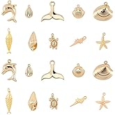 SUNNYCLUE 1 Box 10 Styles Real 18K Gold Plated Ocean Theme Charms Sea Animal Charms Shell Starfish Dolphin Fish Tortoise Dangles Bulk for DIY Earring Necklace Bracelet Jewelry Making
