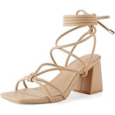 Shoe'N Tale Lace Up Heels Women Square Toe Sandals | Lace up straps, square open toe, 2.7-inch chunky block heel, gladiator style, dress party wedding sandals