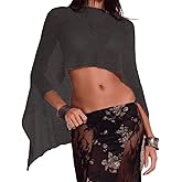 Seyumixi Knit Sheer Poncho Top for Women Y2k Asymmetric Shrug Beach Cover Up See Through Lightweight Off Shoulder Shawl