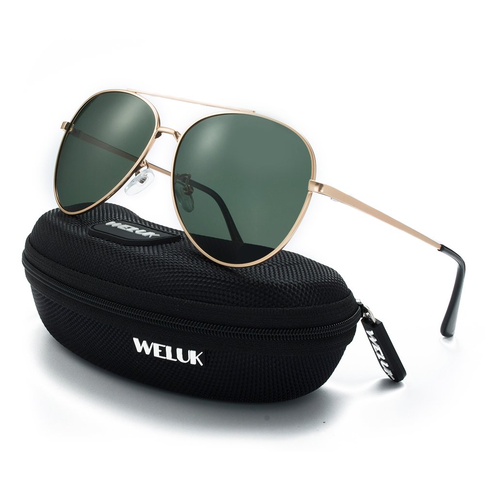 WELUK Classic Aviator Sunglasses Men Women Metal Driving Pilot Fishing Glasses (Gold & Dark Green, 60)