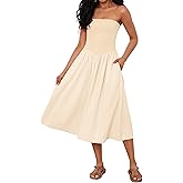 Livtany Women Off Shoulder Midi Dress Strapless Sleeveless Drop-Waist A Line Tube Dress Trendy Summer Swing Patchwork Dress