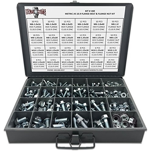 M6 M8 M10 M12 Metric Class 10.9 JIS Hex Cap Flange Frame Bolts & Nuts Zinc Assortment Kit - 375 Pieces!