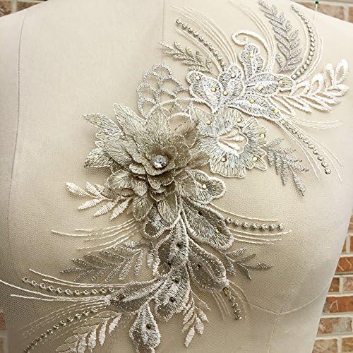 USJee Beautiful Champagne Embroidered Lace Patches Beaded Rhinestone Applique for Dress Bridal Veils Decor
