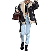 HAPRIZERA Women Faux Lamb Fur Leather Short Jacket Lapel Zipper Bomber Outwear Faux Suede Coat Warm Biker Motor Aviator Coat