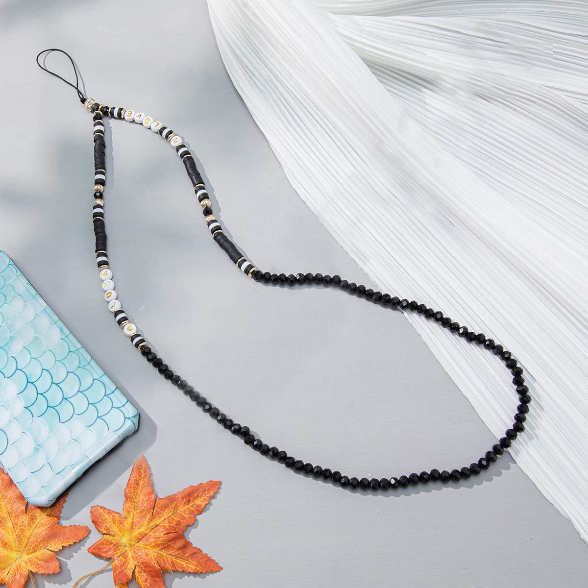 Letter Colourful Beads Chain Long Halterneck Mobile Phone Neck Strap Anti-Lost Mobile Phone Chain Acrylic Lanyard Hanging Chian for Women Phone Pendant Mobile Phone Lanyard Black