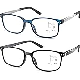Ryegis 2 Pcs Progressive Reading Glasses for Men,Rectangular Sporty Style TR90 Blue Light Blocking Readers with Spring Hinge