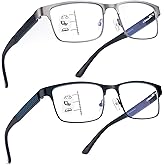 SKYOAK 2 Pack Refined Progressive Multifocus Reading Glasses Men Blue Light Blocking Readers Metal Frame Spring Hinge, Top is not 0 (Black+Gunmetal, 2.75)