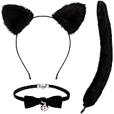 JIALWEN Cat Ears Headband with Tail and Bell Collar Set Furry Black Cat Ears Headband for Women Girls Halloween Cosplay Dress Up Party Costume Accessories