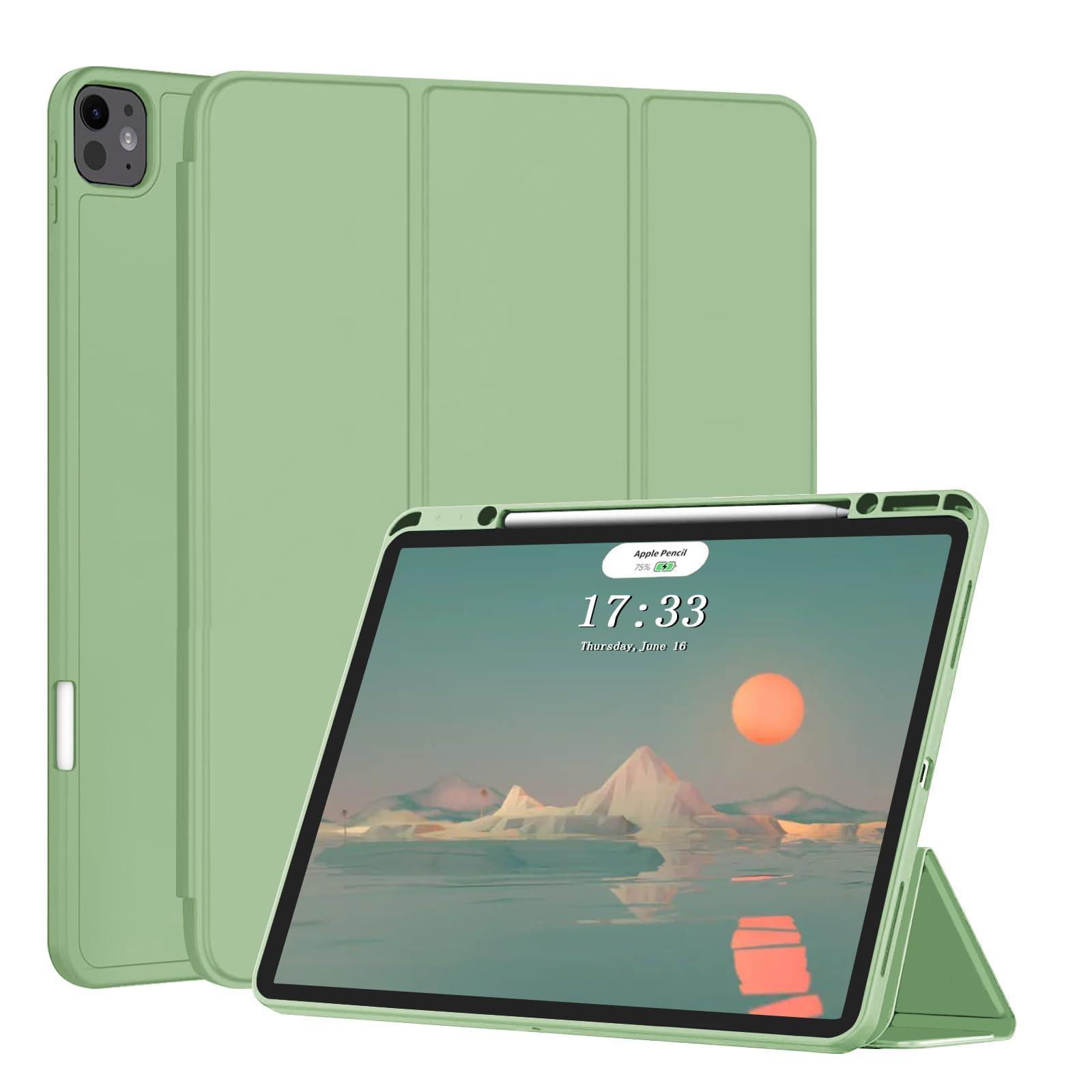 Photo 1 of CLARKCAS Case for iPad Pro 13 inch 2024 M4(Model:A2926/A3007) with Pencil Holder for Kids,Slim Trifold Stand Tablet Case with Hard Back Shell,Smart Cover with Auto Sleep/Wake,Green