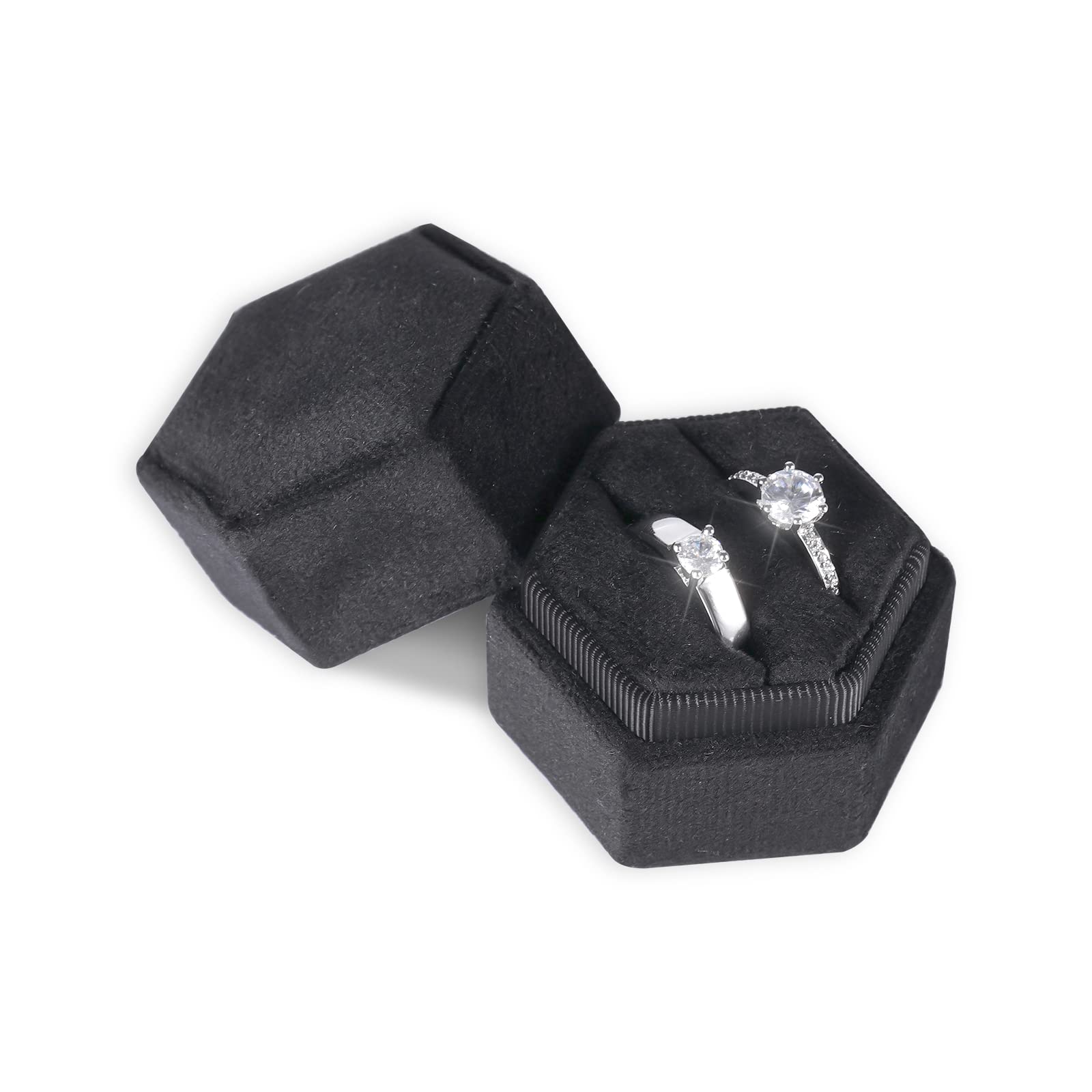 AIEX Velvet Ring Box for Jewelry, Double Slots Hexagon Ring Case Box for Proposal Engagement Wedding Ceremony Valentine’s Day Holding 2 Rings (Black)