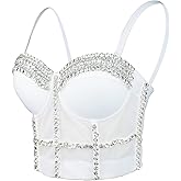 ELLACCI Women's White Diamond Chain Mesh Bustier Crop Top Push Up Corset Top Bralet with Detachable Strap