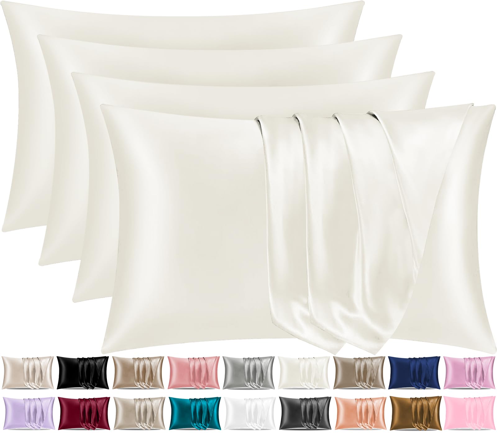 Pamposh Satin Silk Pillowcases For Hair And Skin 4 Pack Standard Size with Envelope Closure (4 Pcs Pillowcases (50 x 75 cm), Ivory White)