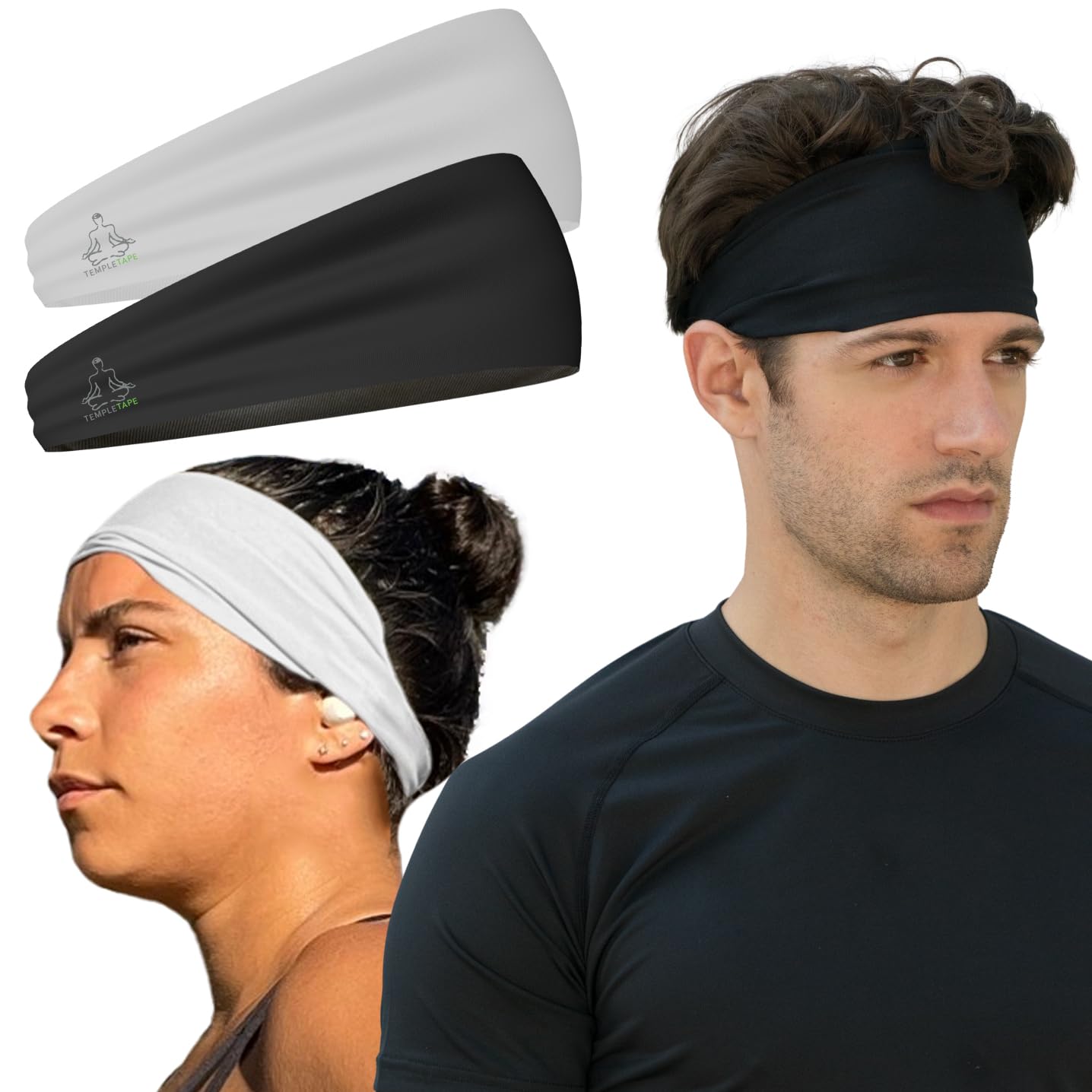 Value 2-Pack, Mens Headband - Guys Sweatband & Sports Headbands Moisture Wicking Workout Sweatbands for Running, CrossTrain, Skiing and bike helmet friendly - Value Pack - 1-Black & 1-White Sweatbands
