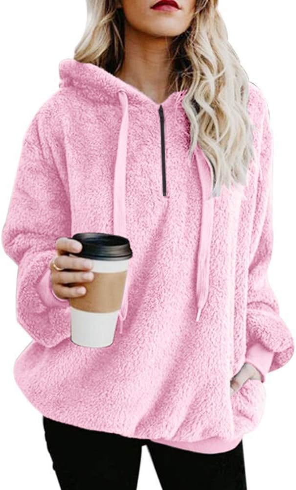 Women's Casual Loose Long Sleeve Winter Warm Fluffy Fleece Zip Oversize Top Hoodie Sweatshirt Pullover with Pockets (S-3XL)
