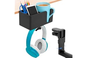 4 in 1 Desk Organizer Under Desk Cup Holder and Headphone Hanger with 2 Wire Holes Clamp on Rotating Headphone Hook and Detac