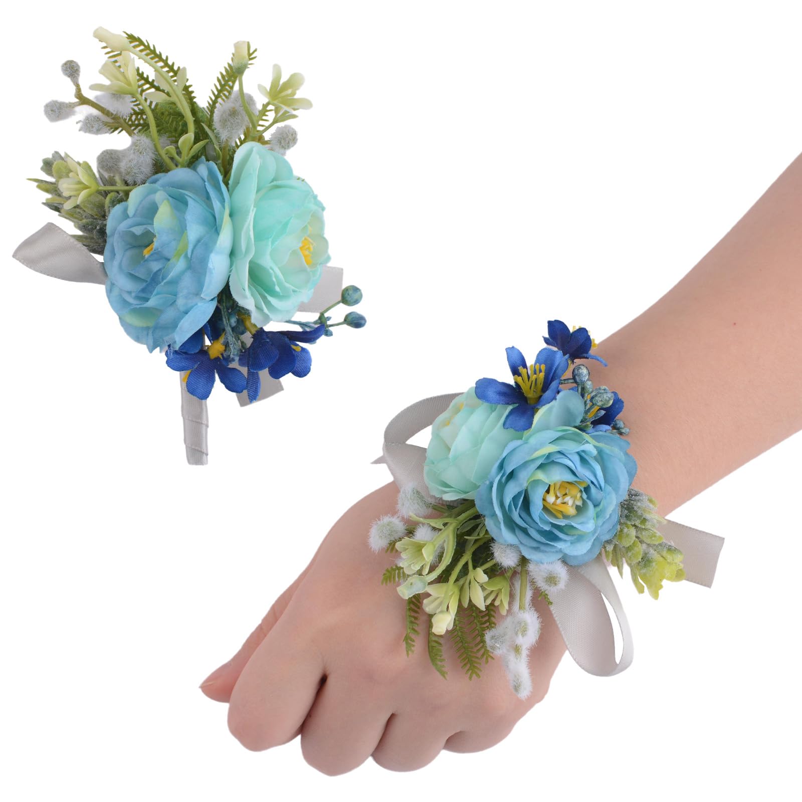 URROMA Boutonnieres and Corsages, 2 Pcs Blue Corsage Flower Wrist Corsage and Boutonniere Set Flowers Accessories for Wedding Prom Men and Women Decoration