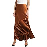 SEBOWEL Women Satin Skirt Silk A Line Swing Ruffle Pleated Cocktail Skirts Silky High Low Tiered Long Maxi Skirt with Split