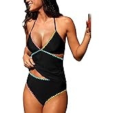 CUPSHE Women's Tankini Sets V Neck Two Piece Swimsuit Adjustable Halter Straps Hook Swimwear Shell Stitch Cutout