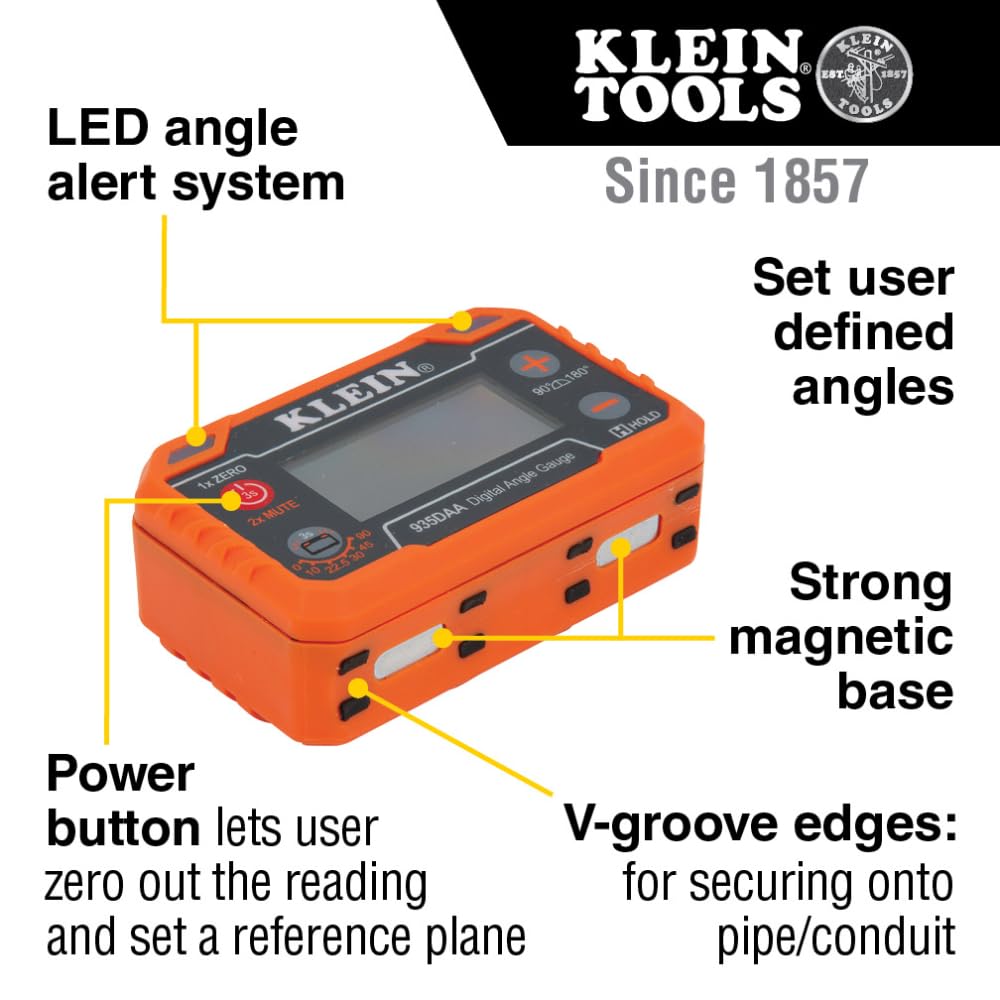 Klein Tools 935DAA Digital Electronic Level and Angle Gauge, LED Angle Alert, Measure and Set Angles, 0-90 and 0-180 Degree Ranges