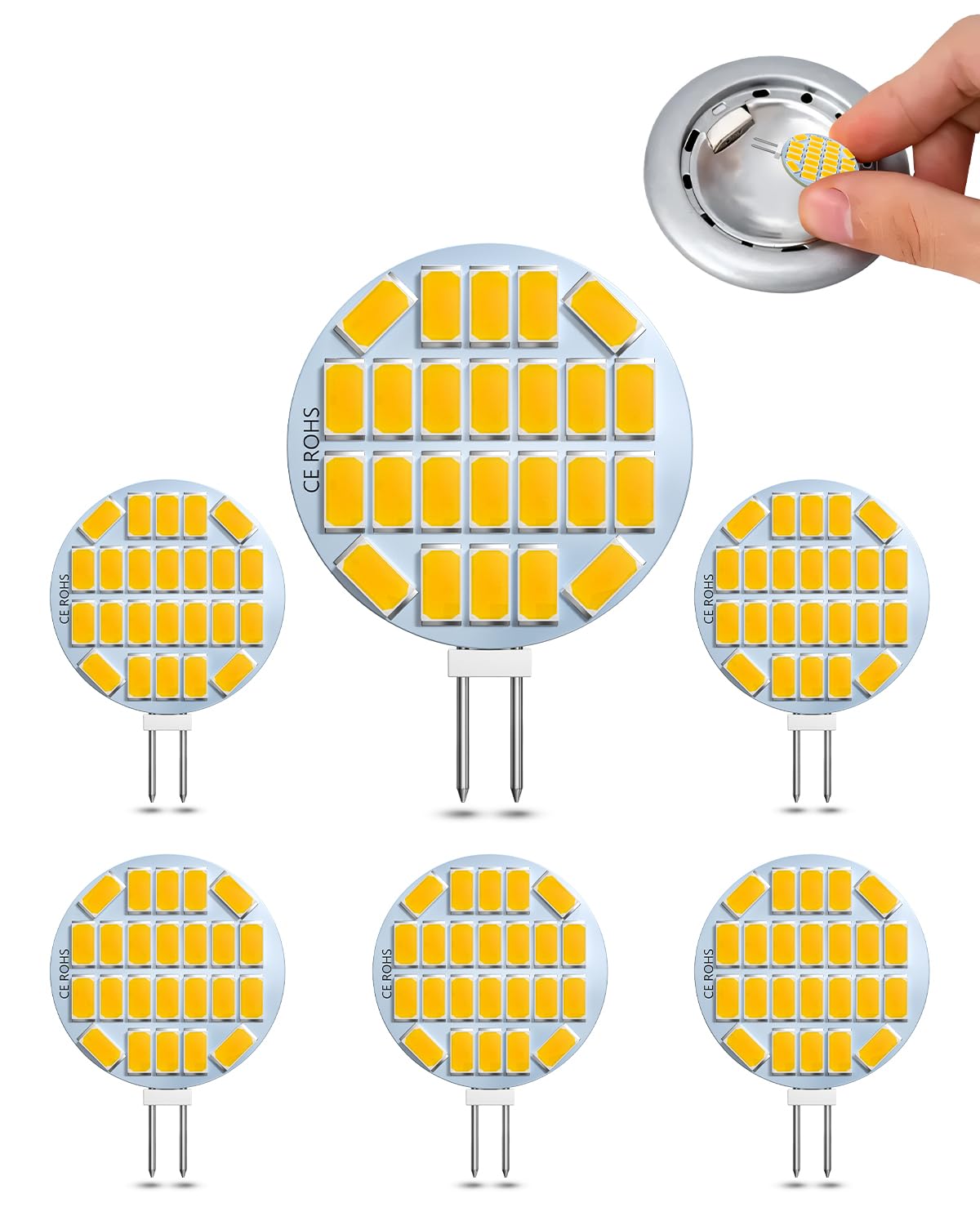 CucuGo G4 LED Bulbs 3W, 400LM WarmWhite 3000K, AC/DC 12-24V G4 Bi-Pin Base, Equivalent 30W Halogen, CRI 90+, Non-Dimmable, 6 Pack