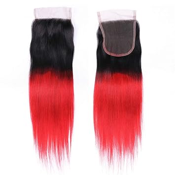 Ombre Red Brazilian Straight Human Hair 4x4 Lace Closure Ombre T1b Red Dark Roots Free Part Top
