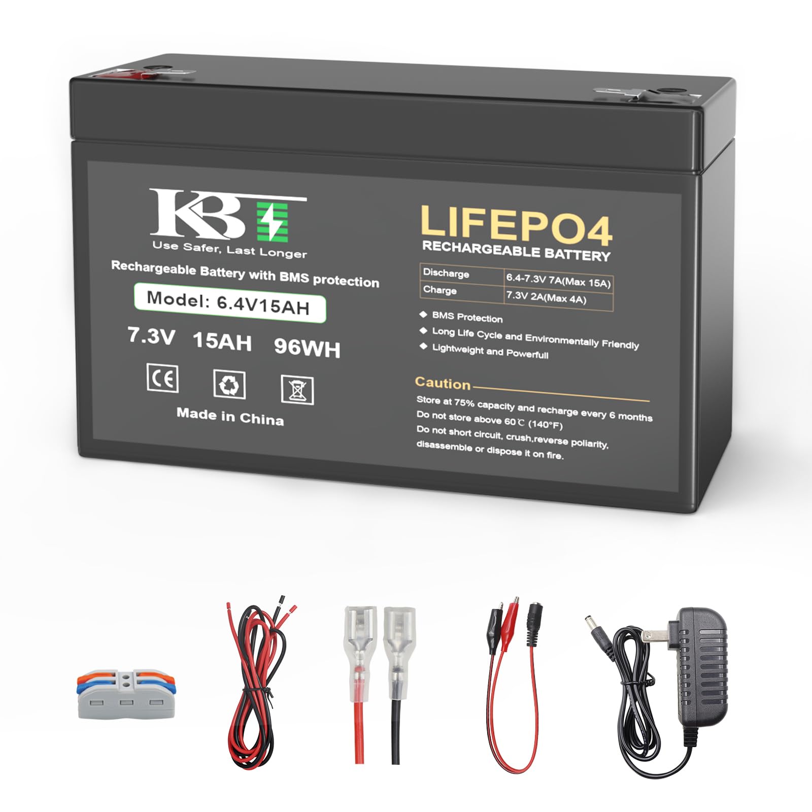 KBT 6V 15Ah Rechargeable LiFePO4 Lithium Battery Replacement, Long