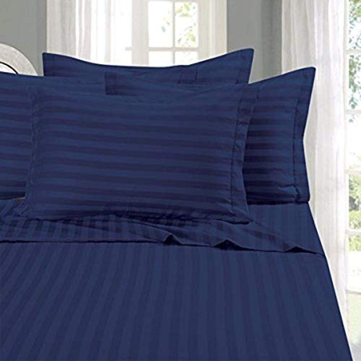 Elegant Comfort Wrinkle & Fade Resistant 1500 Premier - Damask Stripes Hotel Quality Luxurious Silky Soft 4pc Sheet Set, Up to 16" Deep Pocket, Queen, Navy Blue