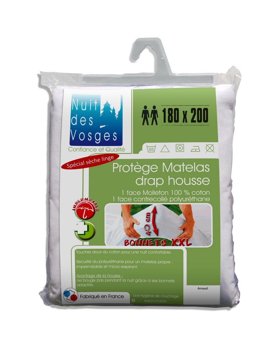 Night of the Vosges Arnaud Waterproof Fitted Sheet Mattress Protector 180 x 200 cm with Extra-Wide Cups 40 cm 180 x 200 cm Cotton White