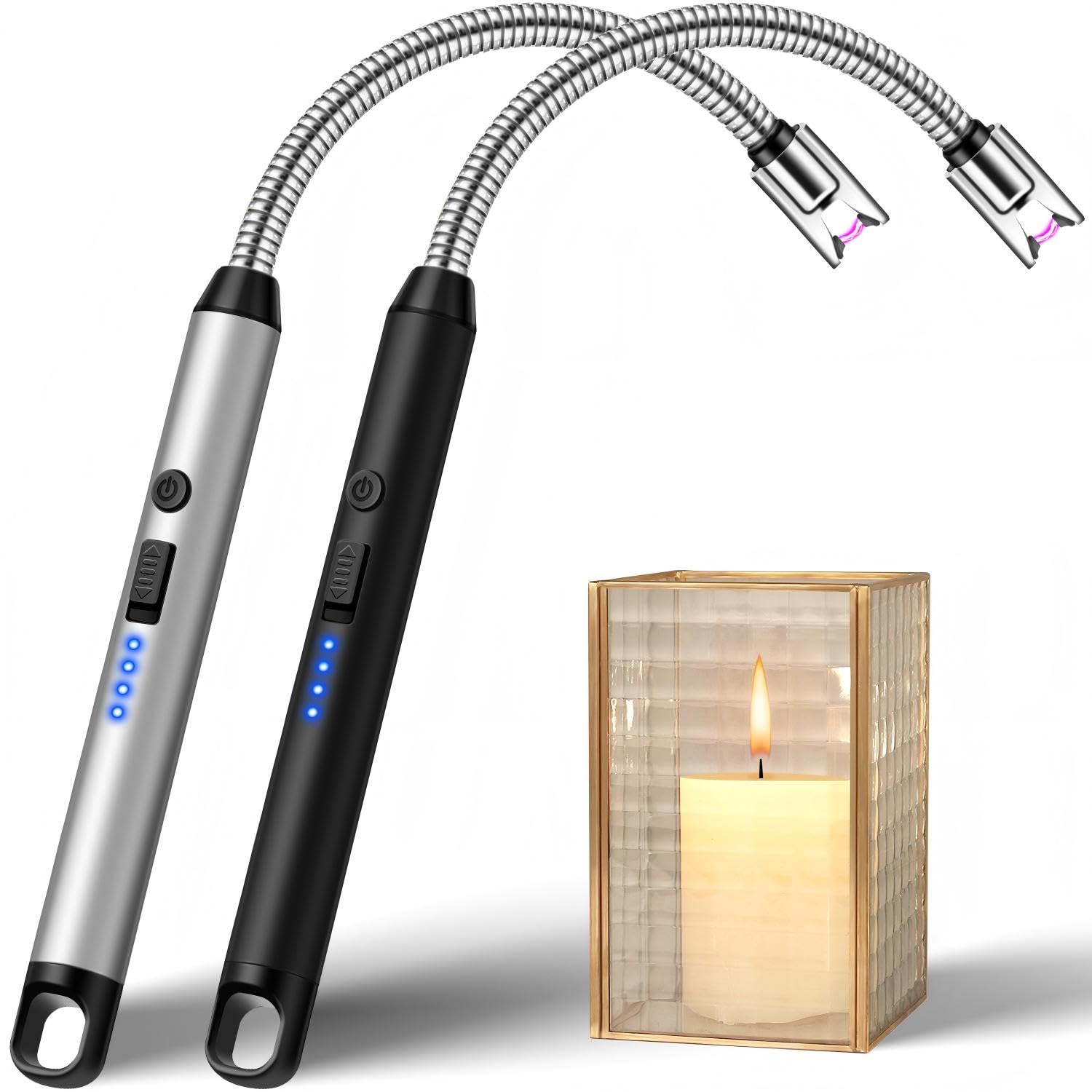 Candle Lighter, 2 Pcs Electric Rechargeable BBQ Lighter Long Reach, USB C Electronic Bendy Lighters Flameless Windproof Arc for Candles Bbq Cooker, Gifts for Women Mum