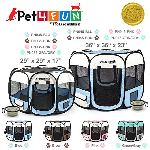 PicassoTiles PET4FUN PN935/PN945 Portable Pet Puppy Dog Cat Playpen Crates Kennel w/Water Resistant 600D Oxford, 210D Nylon, Carrying Bag, Collapsible Bowl, Removable Mesh Cover 2 Sizes
