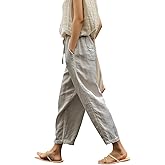 LOVESHOOT Womens Linen Pants with Pockets High Waist Comfy White Casual Pants Lightweight Loose Trousers