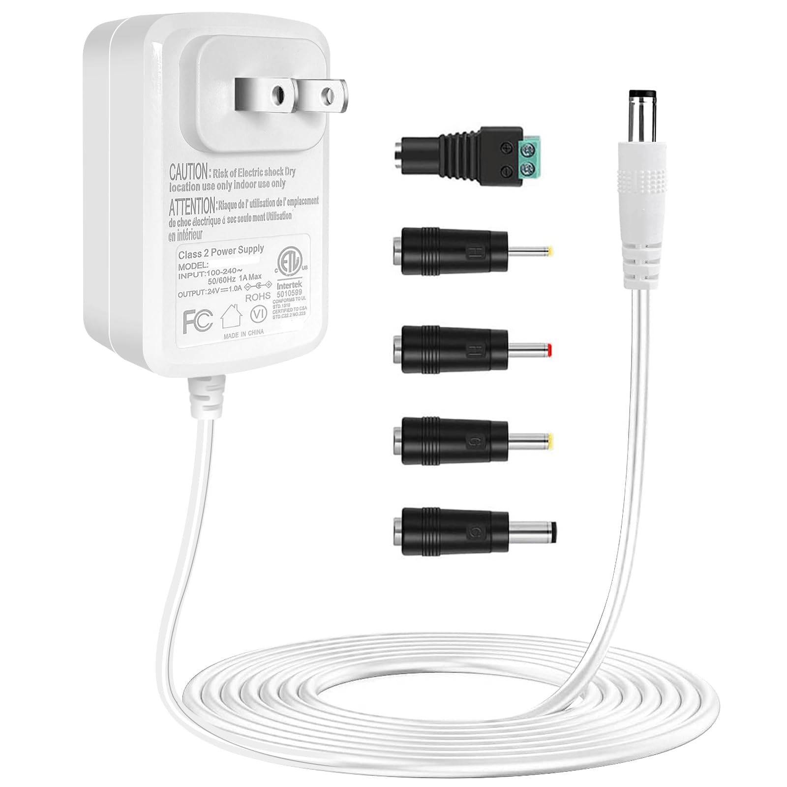Photo 1 of TKDY 24V 1A Power Adapter White, 110-240V AC to 24Vdc 24W Class 2 Power Supply, DC24V Switching Charger Cord for 24 Volt 1.0A 1000mA 0.75A 750mA 0.5A 500mA Devices.