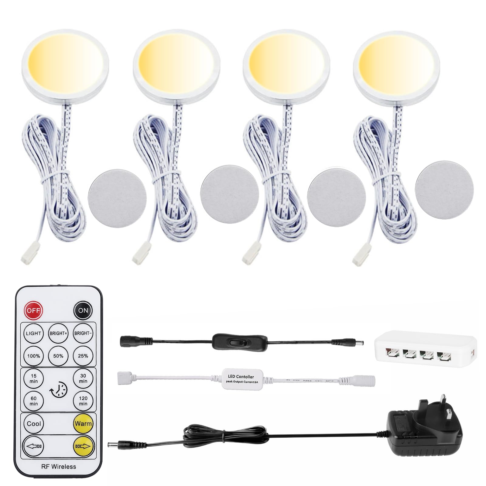 AIBOO LED Under Cabinet Kitchen Lights Kit Set of 4,Adjustable Colour Temperature 2700K-6000K Under Cupboard Kitchen Light with Remote,Under Counter Lights with Dimmable for Counter Shelf