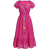ABEHIK Women Mexican Dress Floral Embroidered Traditional Fiesta Dresses Summer V-Neck Short Sleeve Cinco De Mayo Outfits