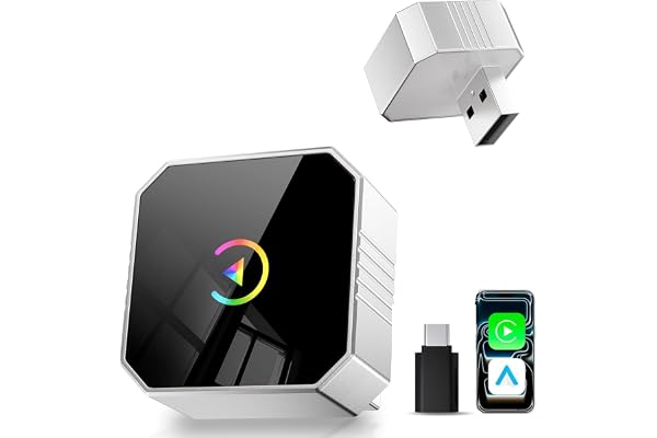 Wireless Android Auto and CarPlay adapter with an aluminum and tempered-glass body for heat dissipation