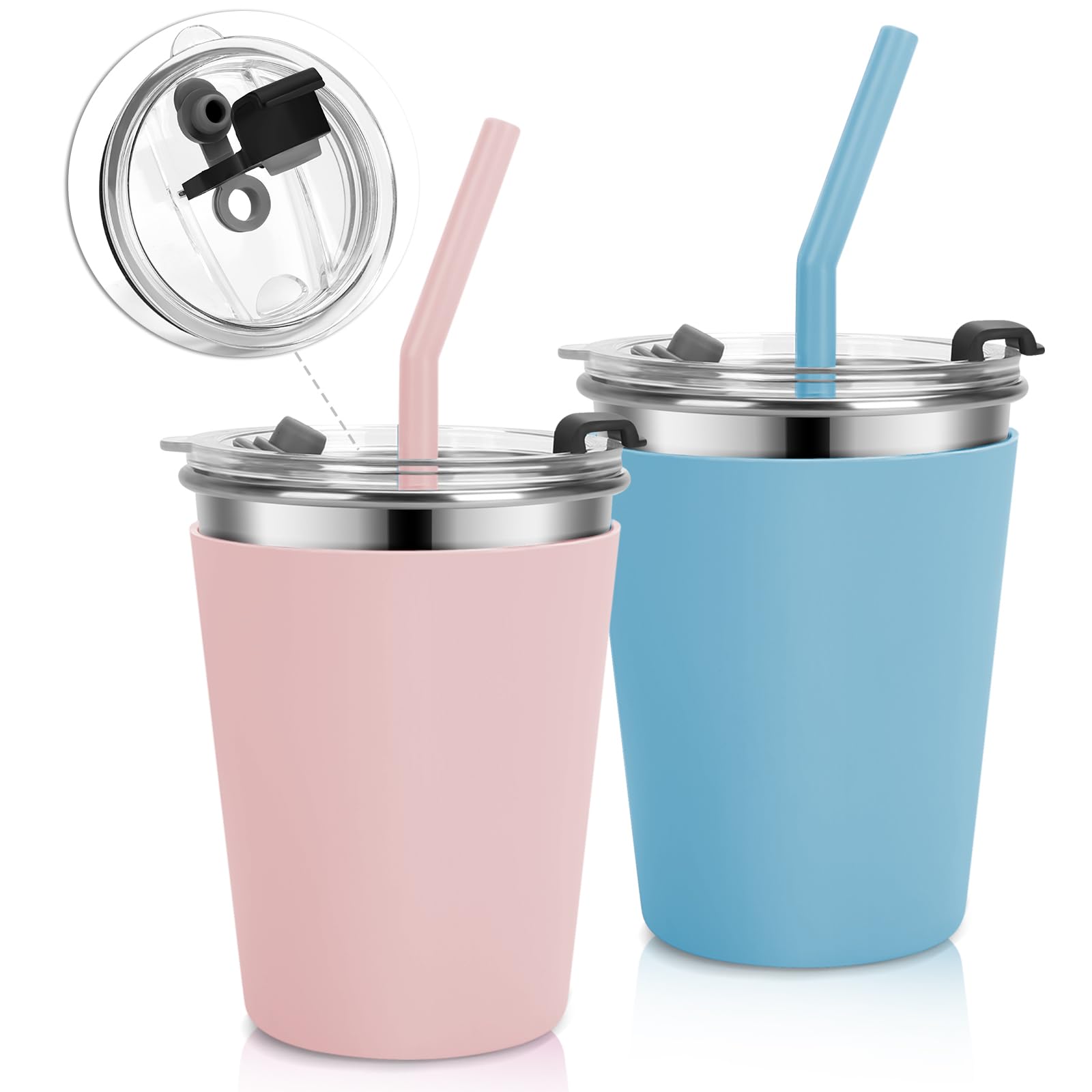 Photo 1 of Vermida Stainless Steel Kids Cups with Lids and Straws Leakproof, 2 Pack 12oz Spill Proof Cups for Toddlers Kids Tumblers Unbreakable Sippy Cup with Straws for School, Outdoor (Blue & Pink)