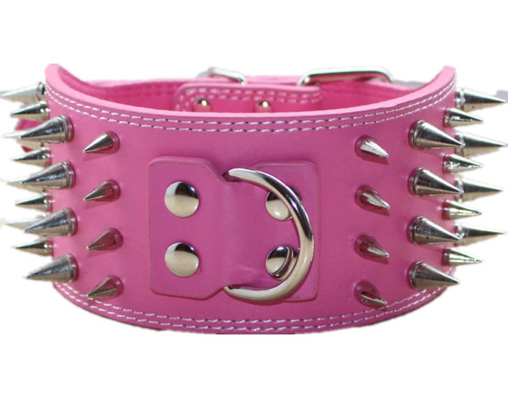 haoyueer 3" Sharp Spiked Studded Leather Dog Collar for Training,Sports,Walking,Medium,Large,X-Large,for Pitbull,Labrador,Boxer (L, Hot Pink)