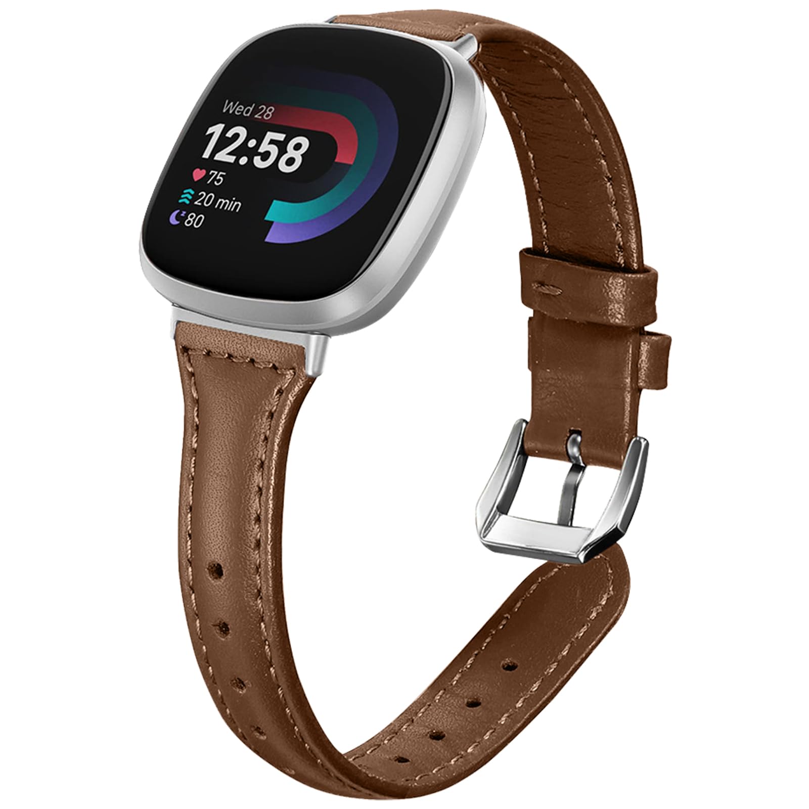 WoPail Leather Strap for Fitbit Versa 4/Versa 3, Women Slim No Gap Genuine Leather Strap with Stainless Steel Buckle Replacement Band breathable for Fitbit Sense 2/Sense 1 - Brown