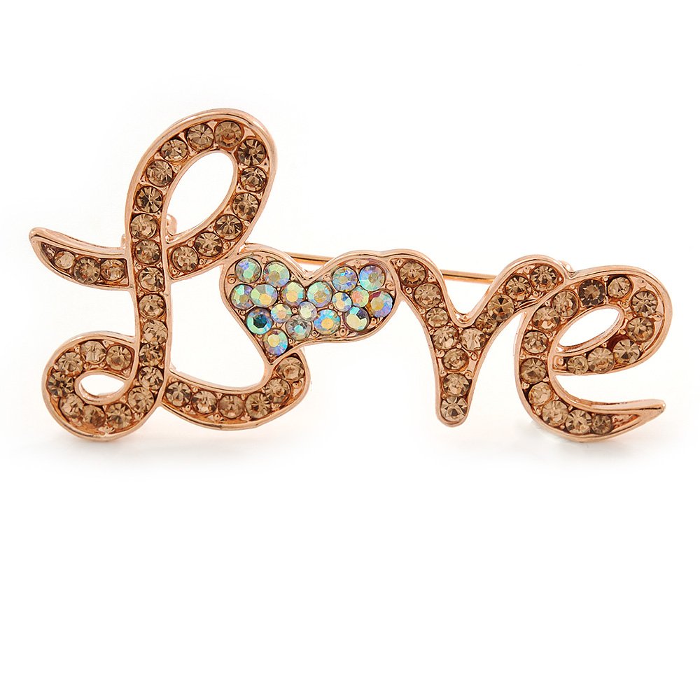 Citrine/AB Crystal 'Love' Brooch In Rose Gold Tone - 50mm L