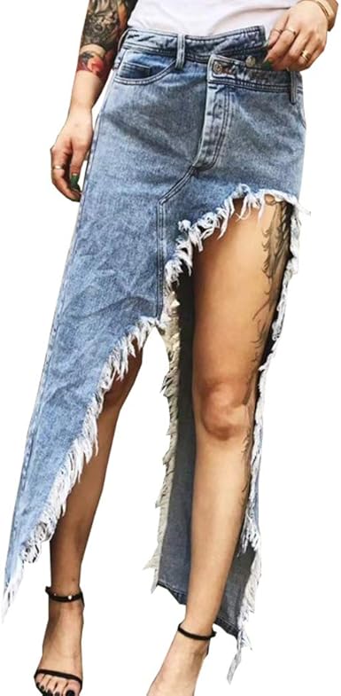 distressed long denim skirt