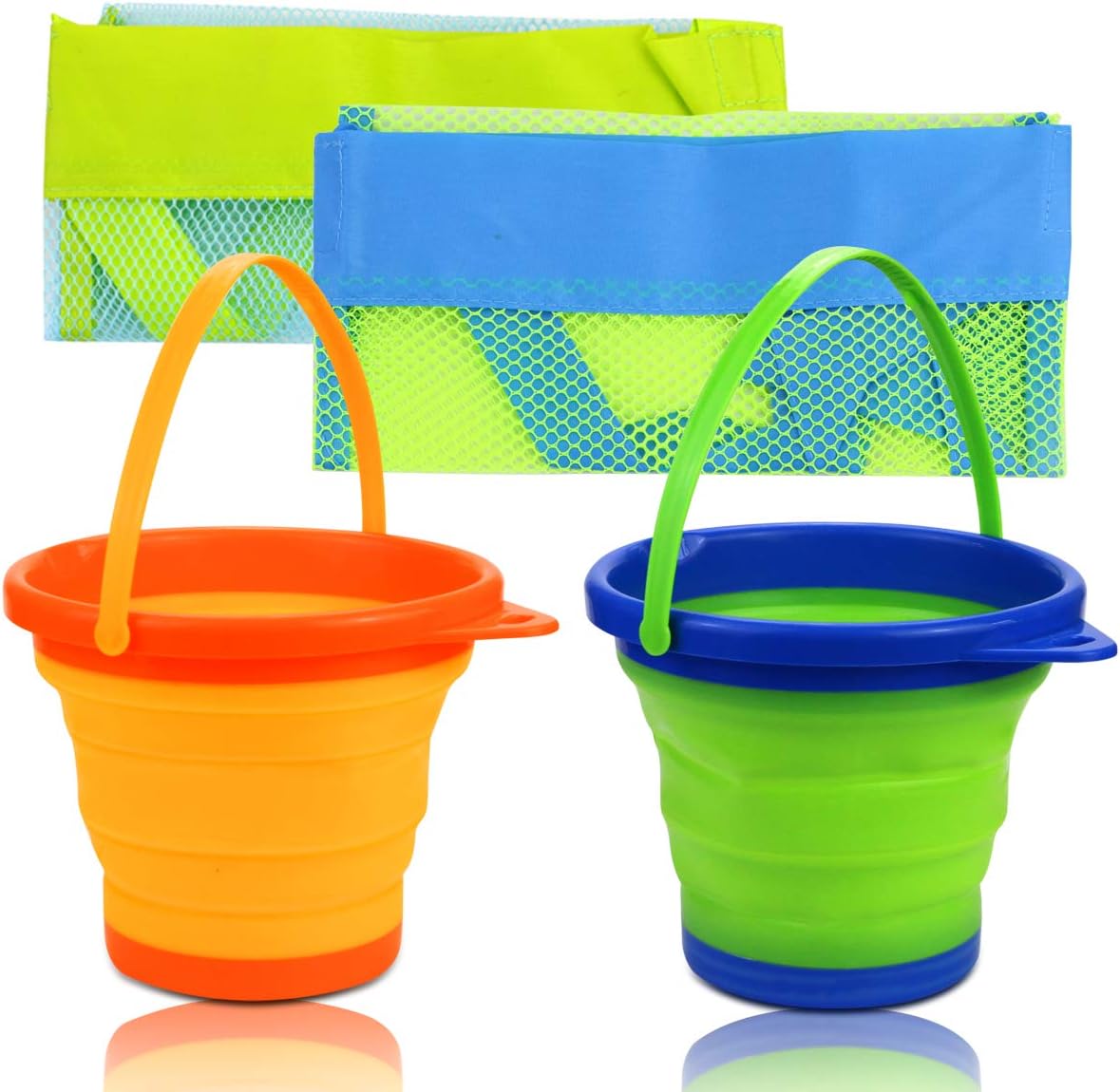 butterfunny 2 Pack 2L Round Foldable Buckets with 2 Pack Mesh Storage Bags, Foldable Silicone Pail Buckets Sand Buckets, Silicone Collapsible Bucket for Beach Play, Water Jug(Yellow and Greeen)