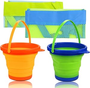 butterfunny 2 Pack 2L Round Foldable Buckets with 2 Pack Mesh Storage Bags, Foldable Silicone Pail Buckets Sand Buckets, Silicone Collapsible Bucket for Beach Play, Water Jug(Yellow and Greeen)
