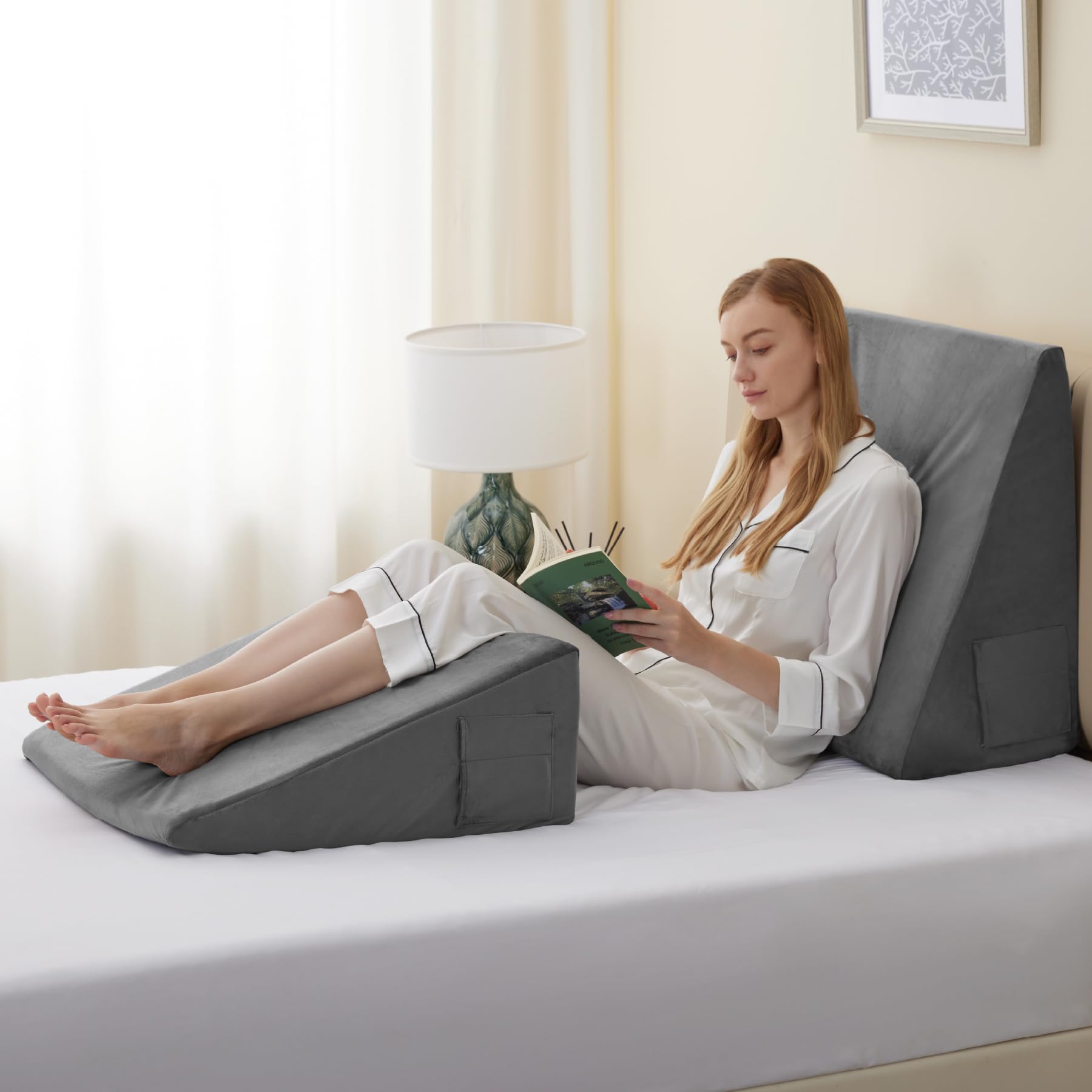 Bedluxe Wedge Pillow, 10 inch Bed Wedge Pillow for Headboard, Pillow Wedge for Acid Reflux Relief, Sleeping, After Surgery, Snoring, Gerd, Triangle Pillow Wedge - Cooling Memory Foam Top, Plush Grey