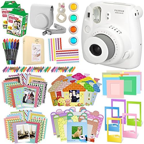 Fujifilm Instax Mini 8 Instant Film Camera, (White), 2 Twin packs mini Instant Film, Case, Album, selfie mirror, colored close up filters, 40 film frames, 12 color markers &amp; Complete Bundle