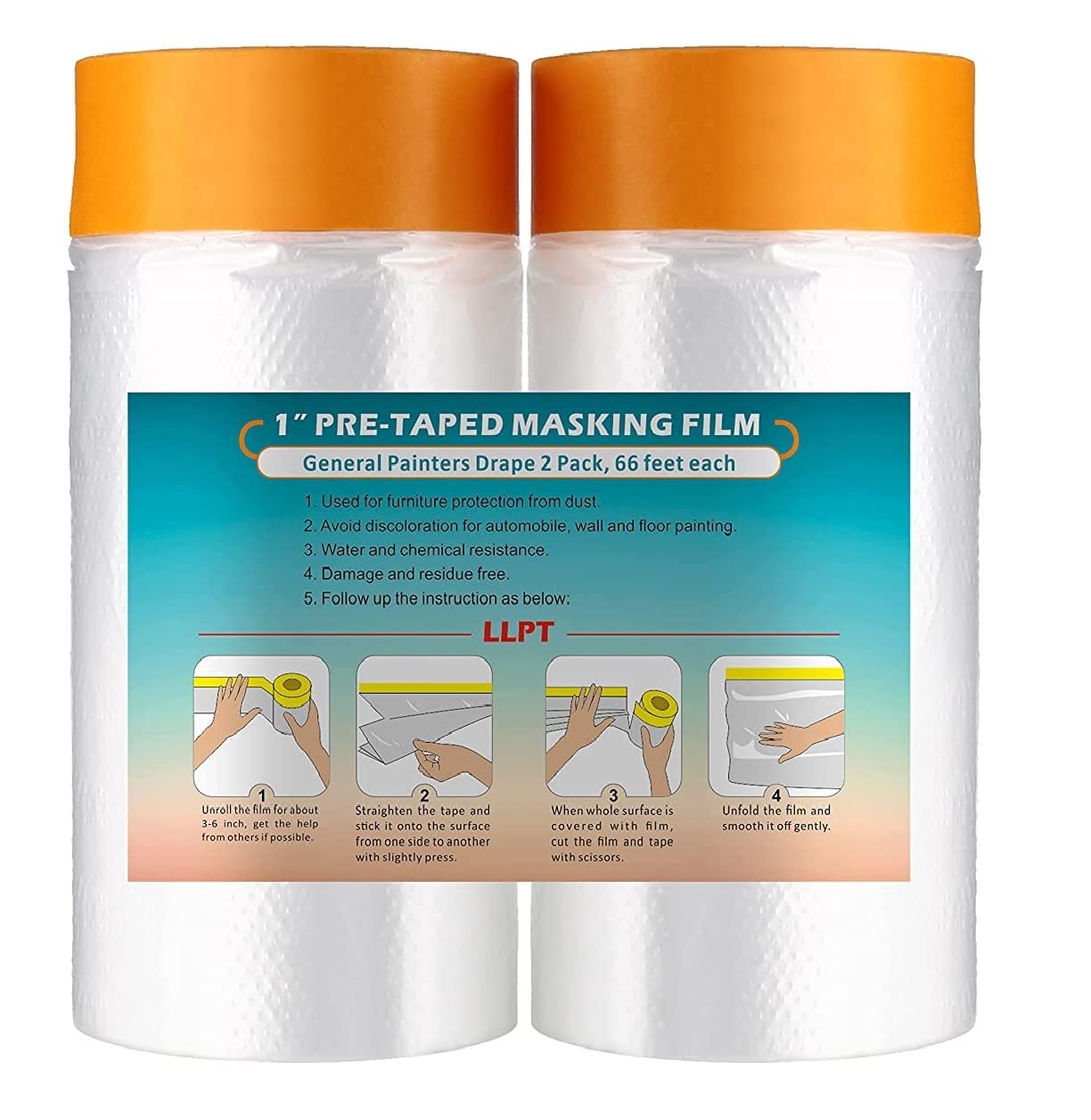 LLPT Tape and Drape Pre-Taped Masking Film | 2-Pack | 90cm(Unfolded) x 20m | Versatile Painter's Plastic Dust Sheets | for Auto Wall Furniture Painting and Spraying Protection (MFT902)