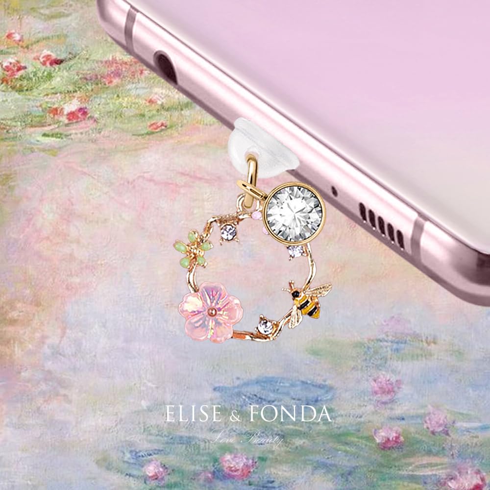 TP346 Type-C USB Charging Port Anti Dust Plug Spring Garland Bee Flowers Cell Phone Charm for iPhone 15/16 and Samsung/OnePlus/Xiaomi/oppo Android Phone (Pink)