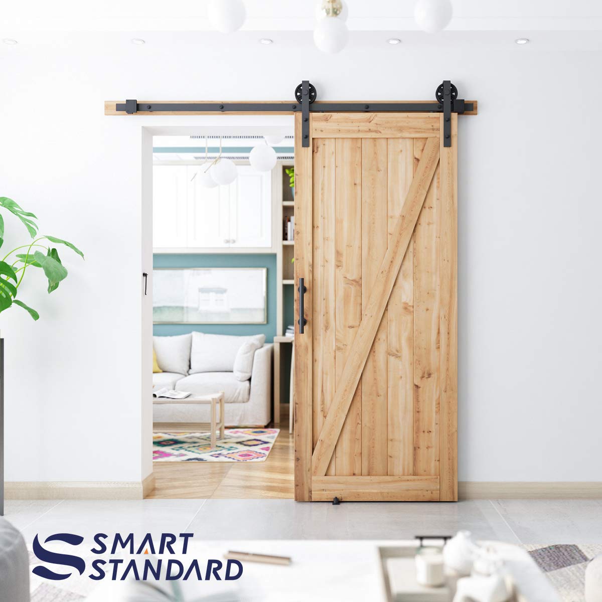 6.6ft Heavy Duty Sliding Barn Door Hardware Kit, 6.6ft Single Rail, Black, (Whole Set Includes 1x Pull Handle Set & 1x Floor Guide & 1x Latch Lock) Fit 36"-40" Wide DoorPanel (Bigwheel Hanger)