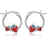 Strawberry Hoop Earrings Sterling Silver Fruit Mother's Day Jewelry for Women