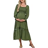 CUPSHE Women's Maternity Maxi Dresses Square Neck Smocked Baby Shower Long Sleeve Ruffled Fashion Casual Fall Pregnancy Dress