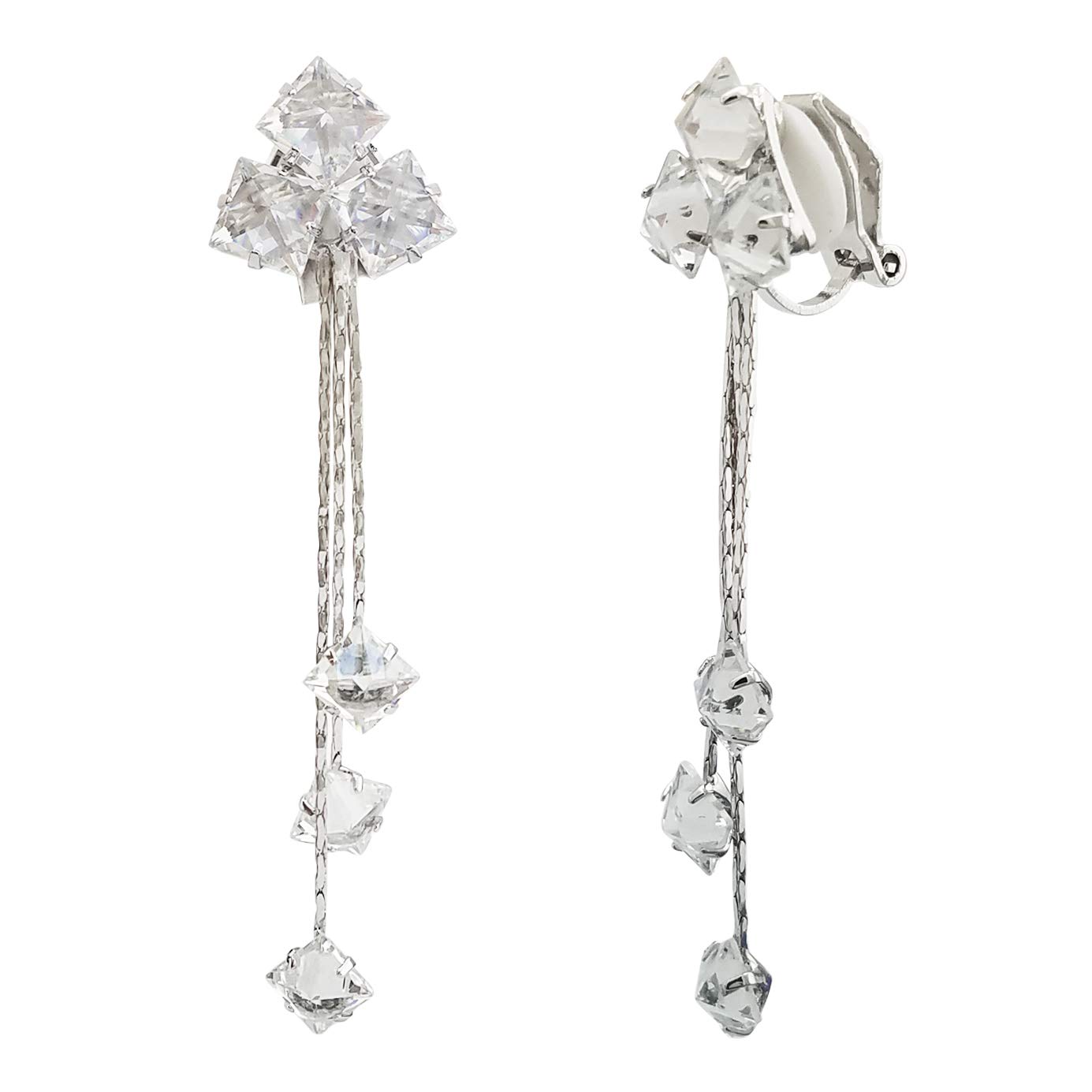 HAISWETCrystal 3 Chain Tassel Elegant Dangle Earrings Clip On Earrings Silver Tone